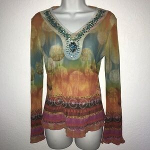 M by amour Stretch Long Sleeve Mesh Beaded Top S